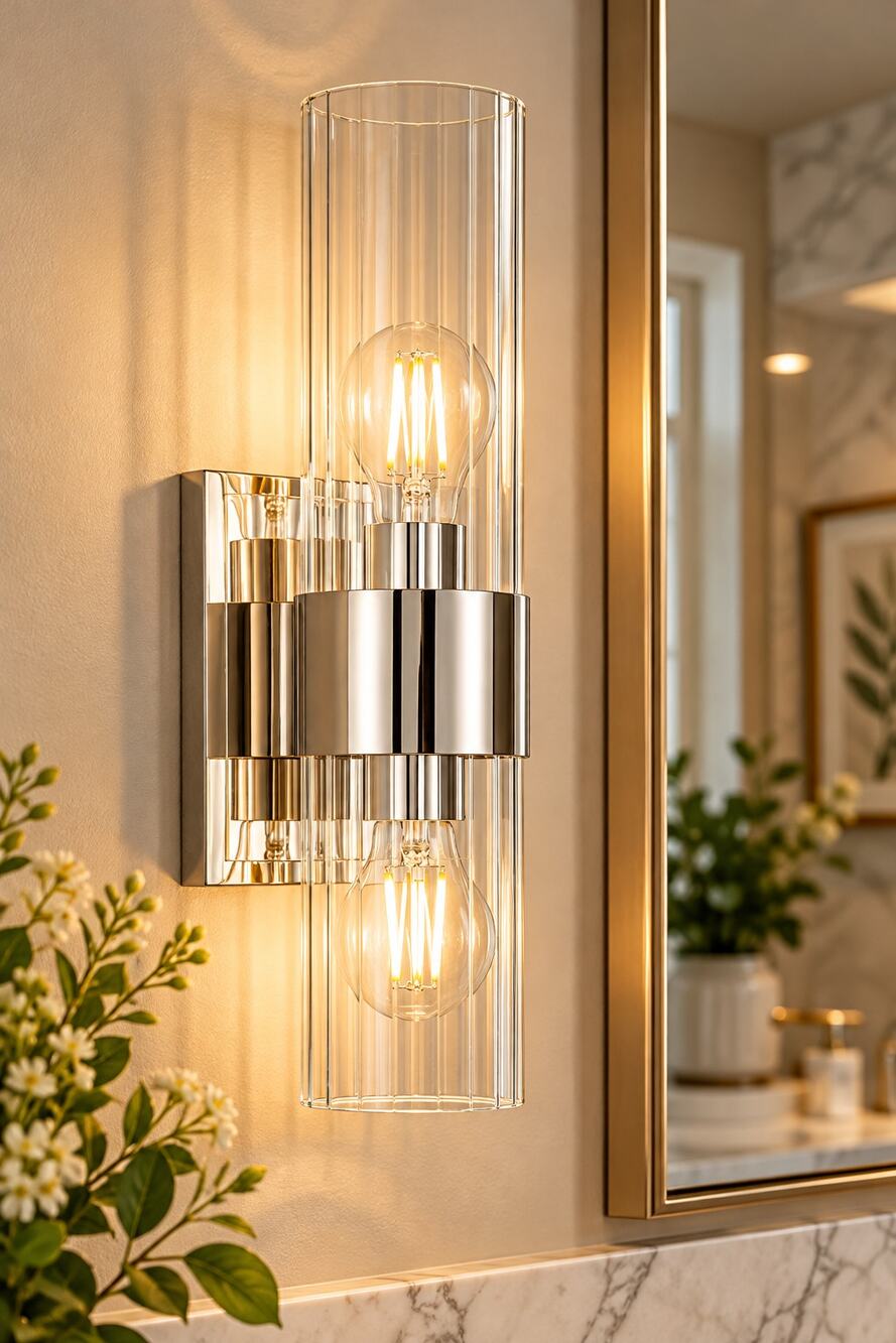 2-Light Polished Nickel Bathroom Vanity Light – Clear Ribbed Glass Shades